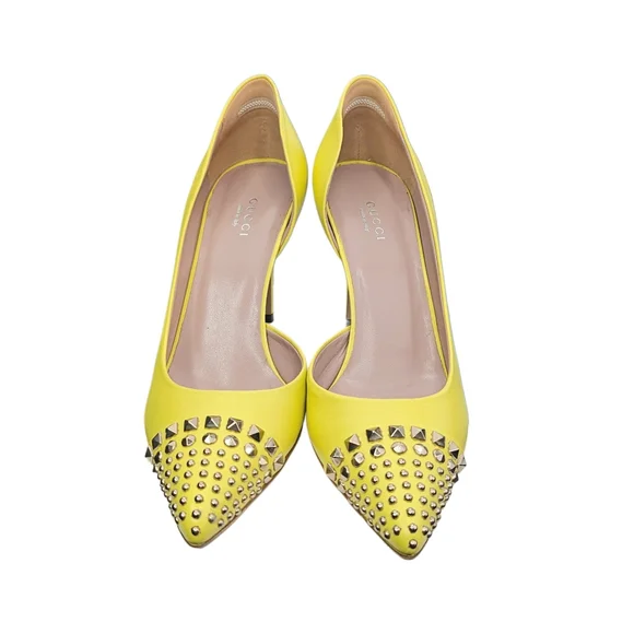 GUCCI Studded Captoe D'Orsay Pumps In Soft Yellow Leather - Picture 3 of 12